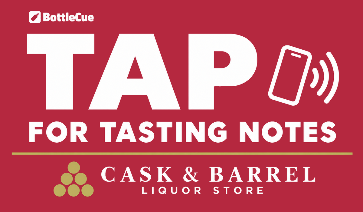 Cask & Barrel shelf tag: TAP FOR TASTING NOTES, with the BottleCue logo